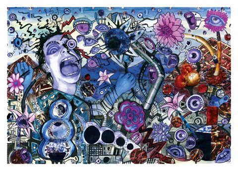 A man screams in horror as he is attacked and observed by flowers that appear to be robotic. He puts up no form of defense as if in complete shock at what is happening. The flowers probe and observe him.